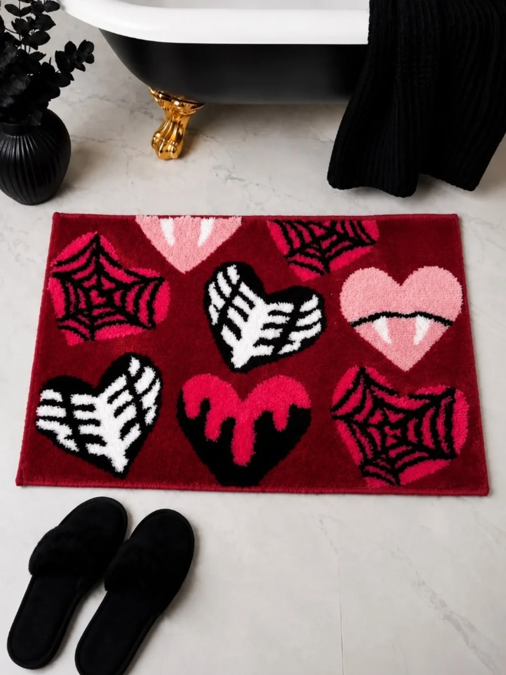 Betsey Johnson Bath Rug 20x32 Hearts Spiderweb Gothic Halloween Red Pink NWT